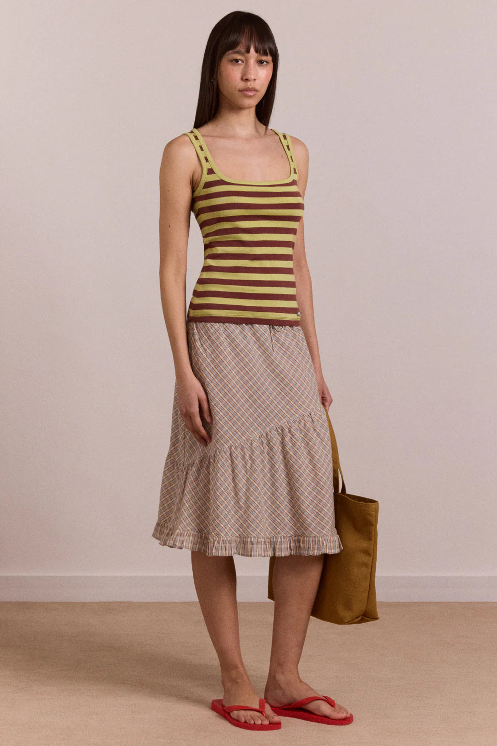 SIGOURNEY RUFFLE SPIRAL SKIRT | GINGER CHECK