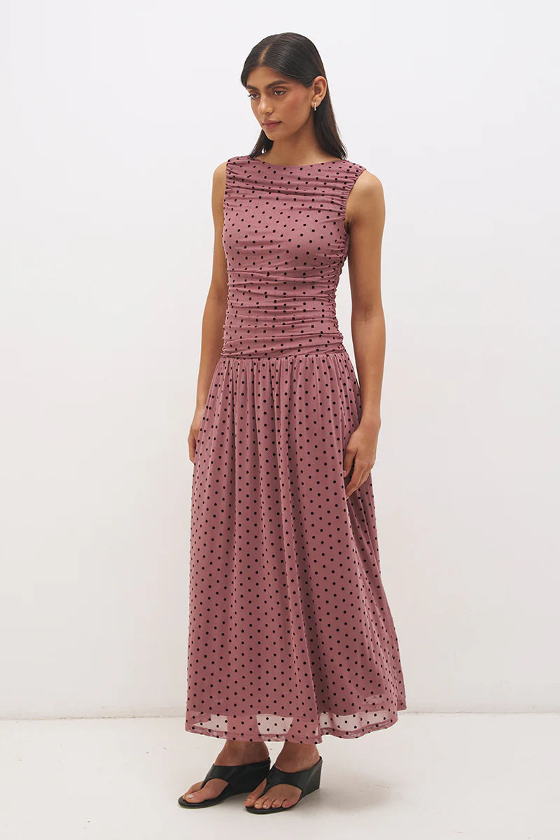 SONATA SPOT GATHERED DRESS | ROSEWOOD