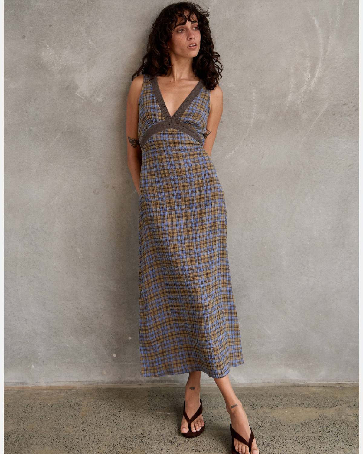 Afends Tully Seersucker Maxi Dress Cedar Blue Check