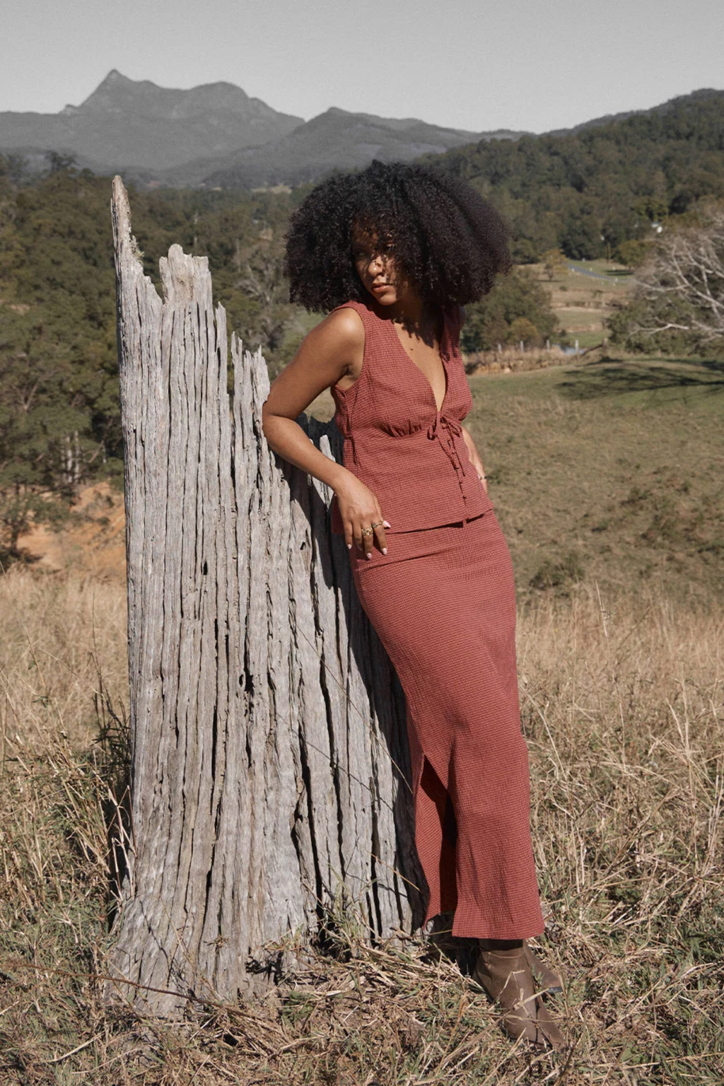 Afends Kali Indy Hemp Maxi Skirt Rose Check