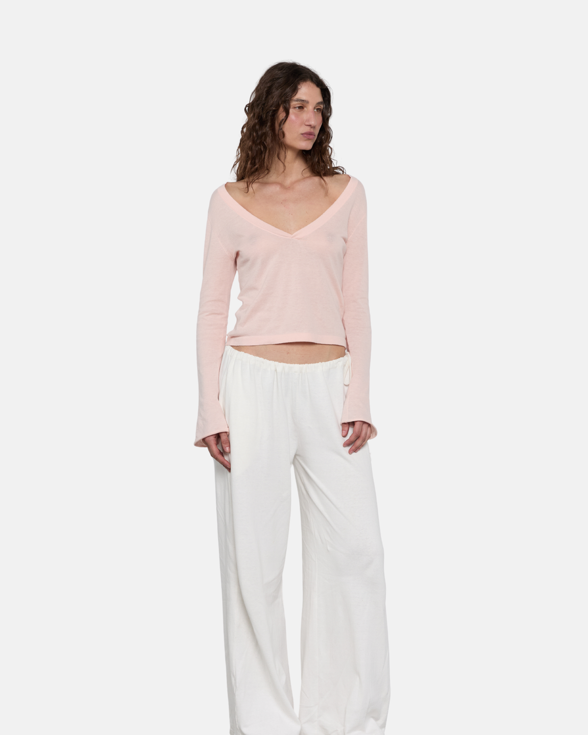 Pinky Kamal Knit LS V Neck Jersey Pink