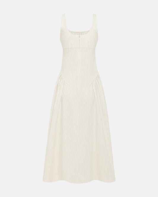 Olga Joan Drop Waist Midi Dress Crema Stripe