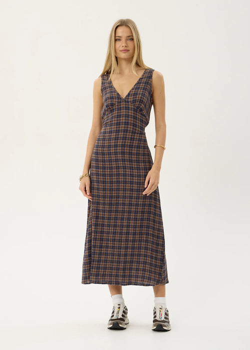 Afends Tully Seersucker Maxi Dress Indigo Check