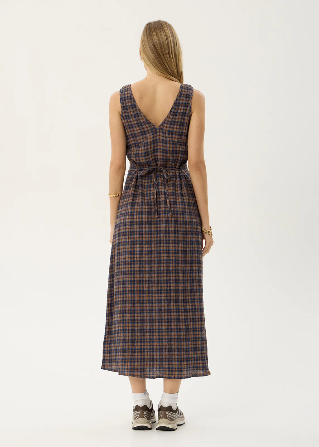 Afends Tully Seersucker Maxi Dress Indigo Check