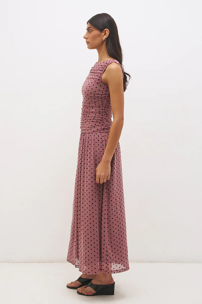 SONATA SPOT GATHERED DRESS | ROSEWOOD