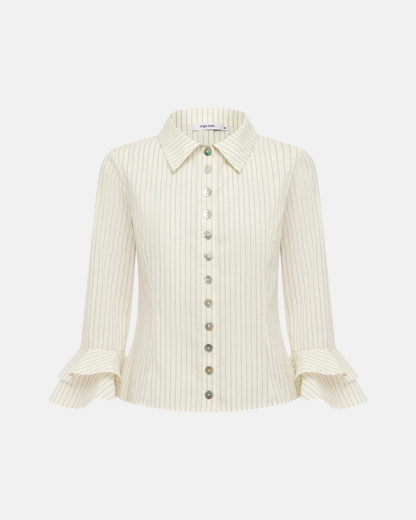 Olga Joan Frill Sleeve Shirt Crema Stripe