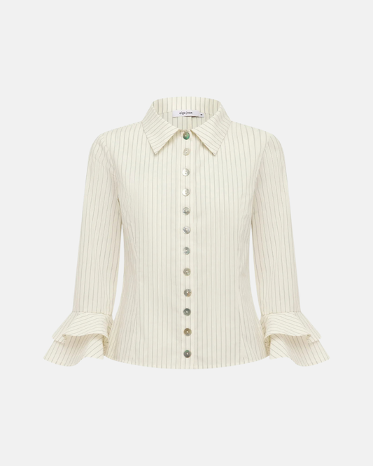 Olga Joan Frill Sleeve Shirt Crema Stripe