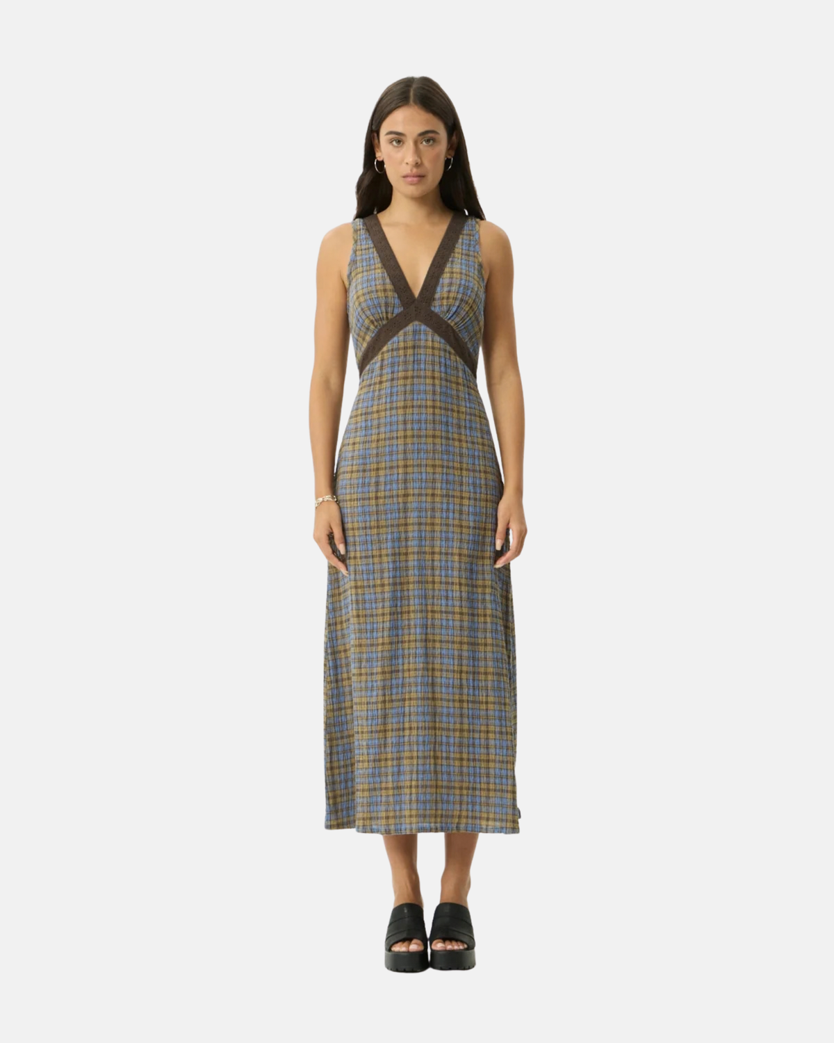 Afends Tully Seersucker Maxi Dress Cedar Blue Check