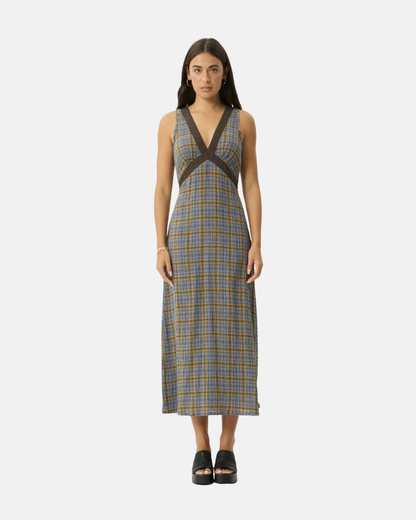 Afends Tully Seersucker Maxi Dress Cedar Blue Check