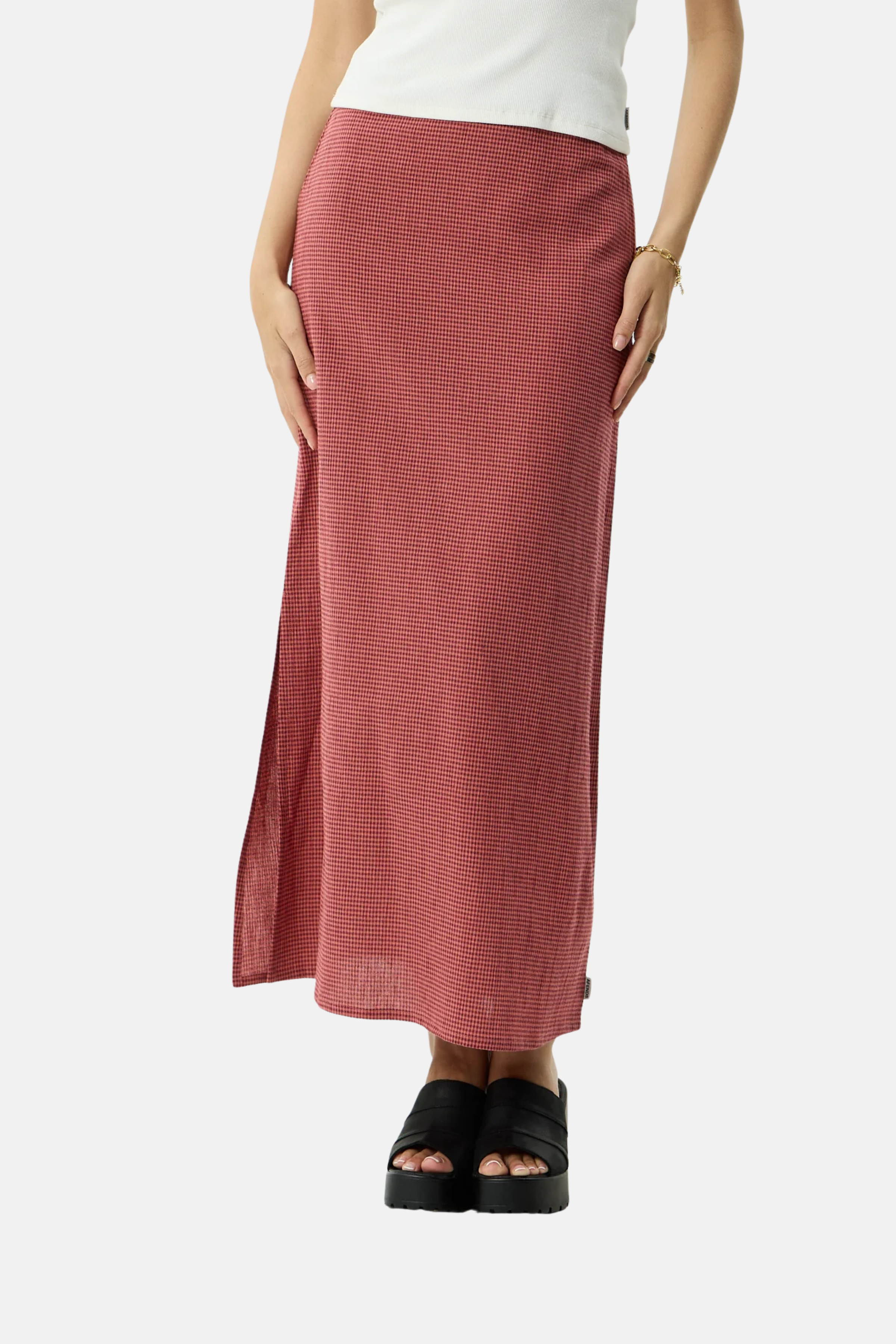 Afends Kali Indy Hemp Maxi Skirt Rose Check
