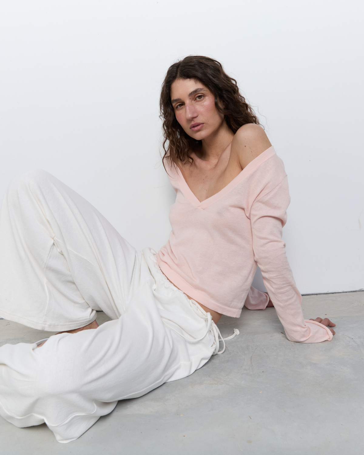 Pinky Kamal Knit LS V Neck Jersey Pink