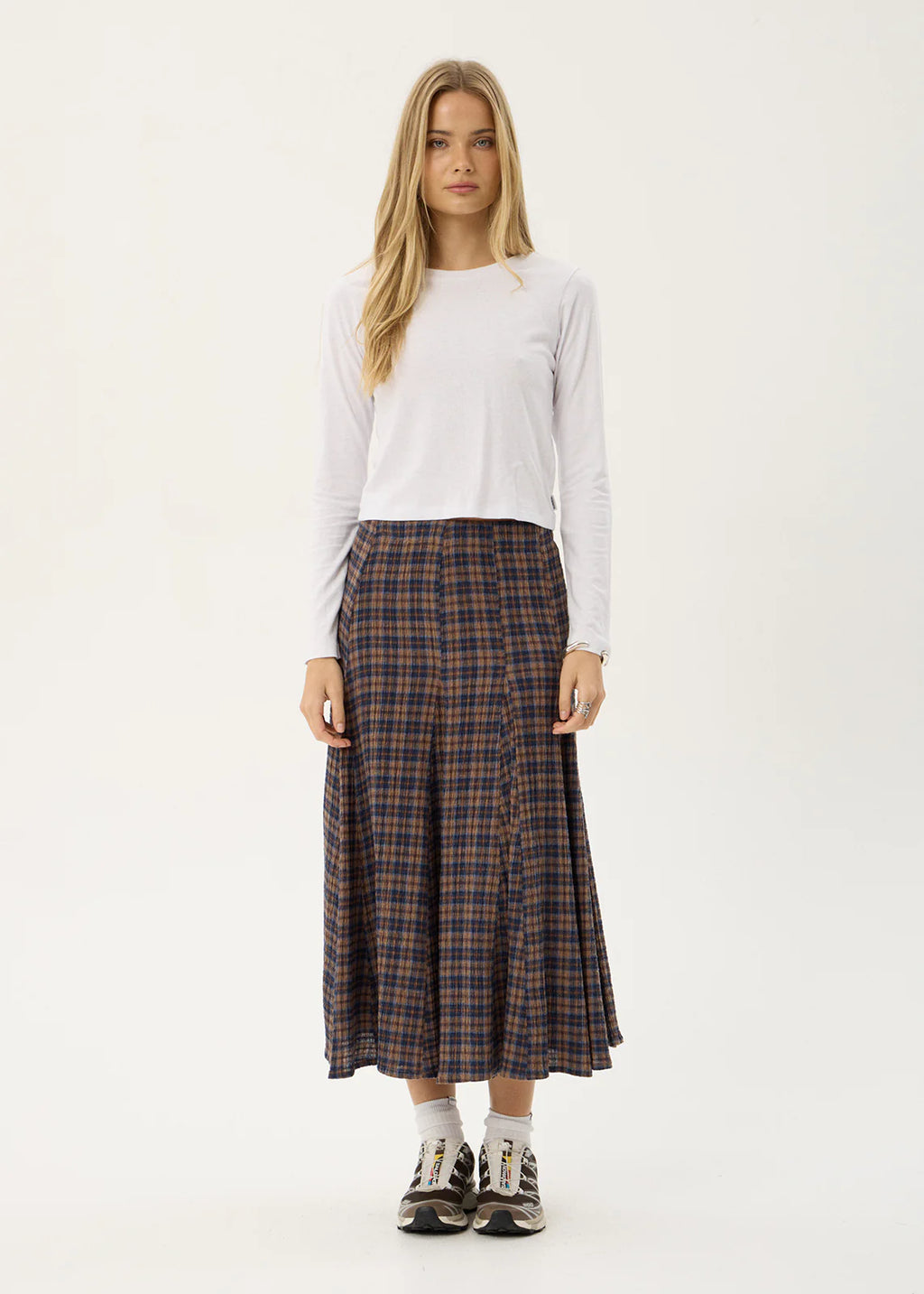 Afends Giselle Seersucker Midi Skirt Shev Indigo Check