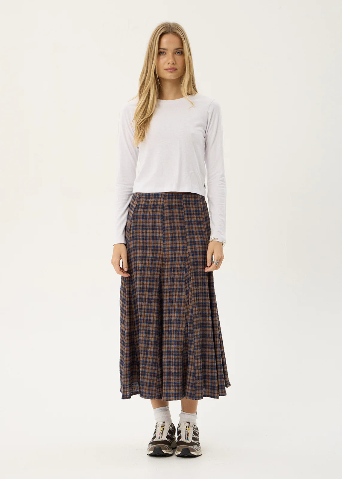 Afends Giselle Seersucker Midi Skirt Shev Indigo Check