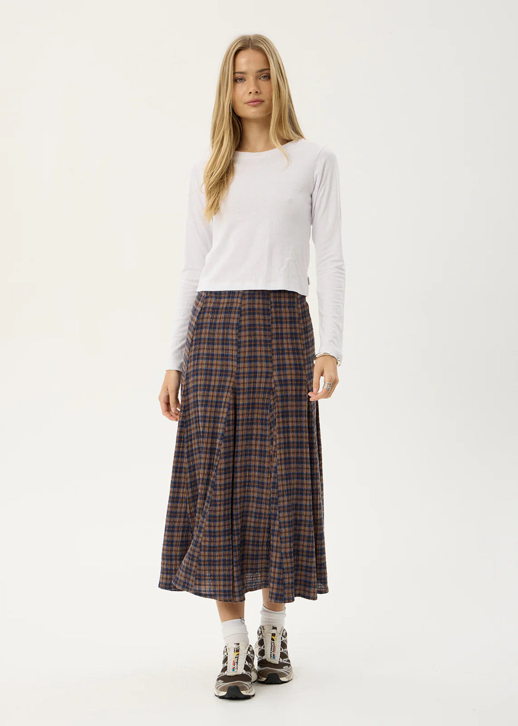 Afends Giselle Seersucker Midi Skirt Shev Indigo Check