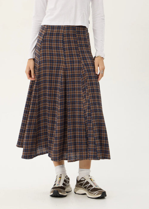 Afends Giselle Seersucker Midi Skirt Shev Indigo Check