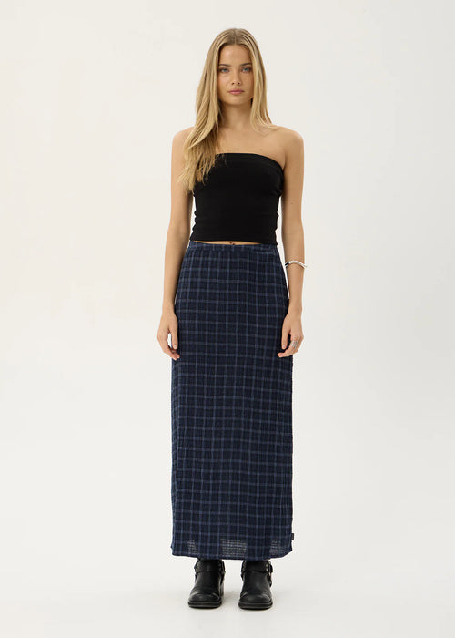 Afends Lita Seersucker Maxi Skirt Indy Navy Check
