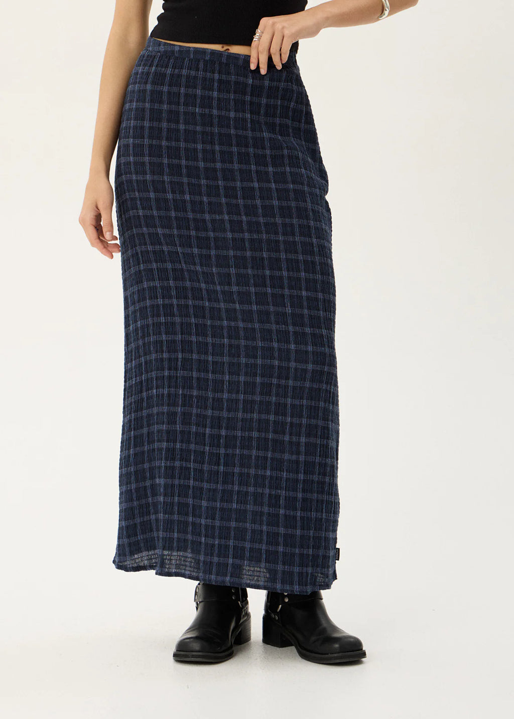 Afends Lita Seersucker Maxi Skirt Indy Navy Check