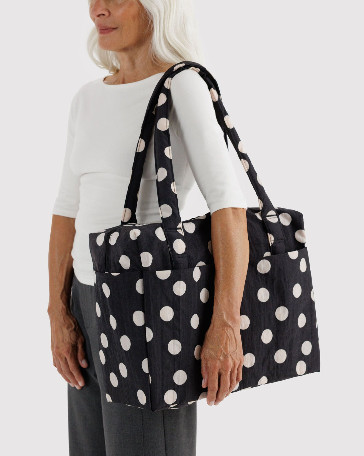 Baggu Small Cloud Carry-On Black and Cream Polka Dot