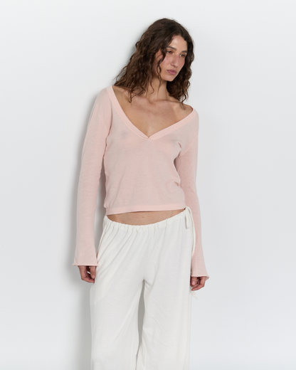 Pinky Kamal Knit LS V Neck Jersey Pink