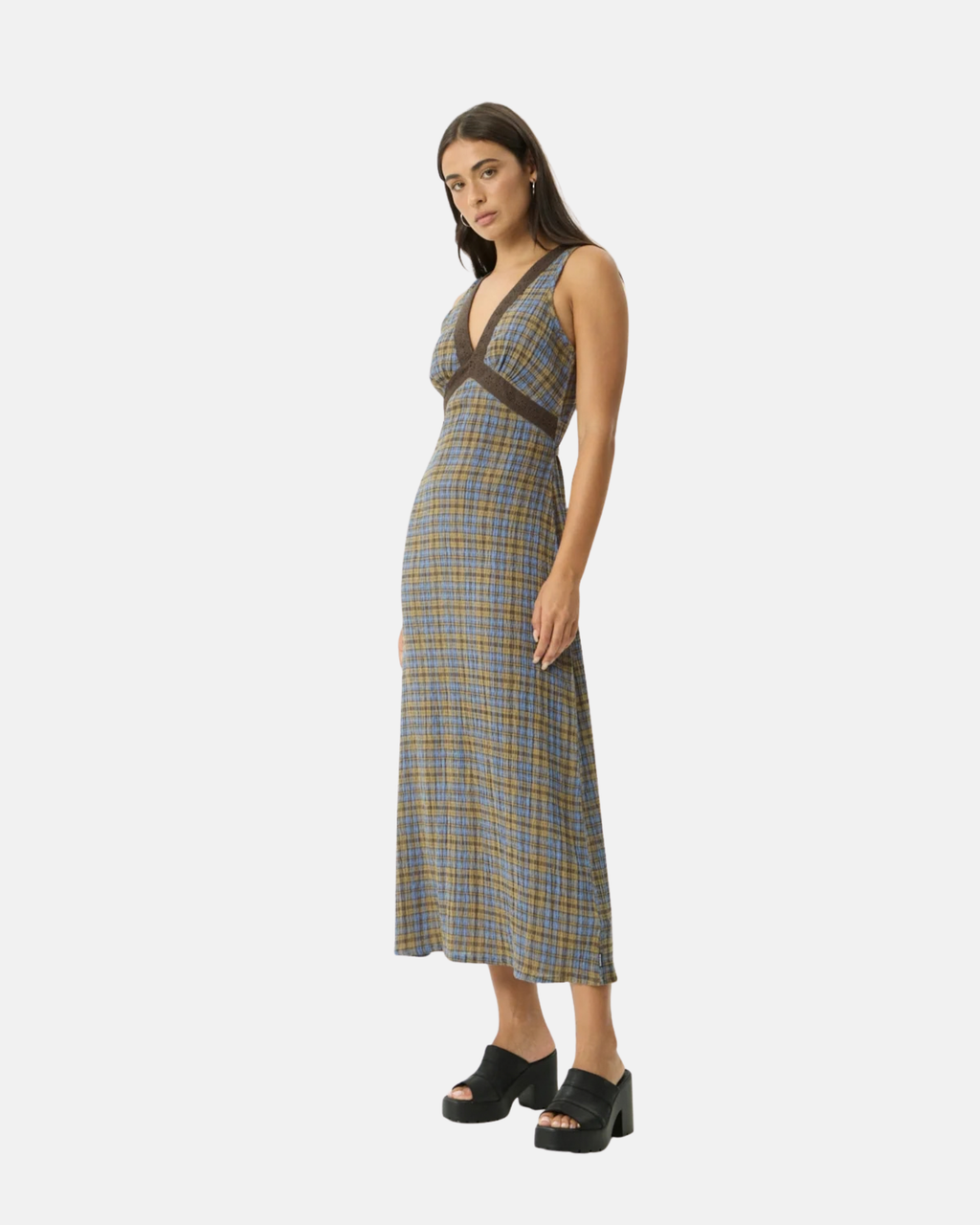 Afends Tully Seersucker Maxi Dress Cedar Blue Check