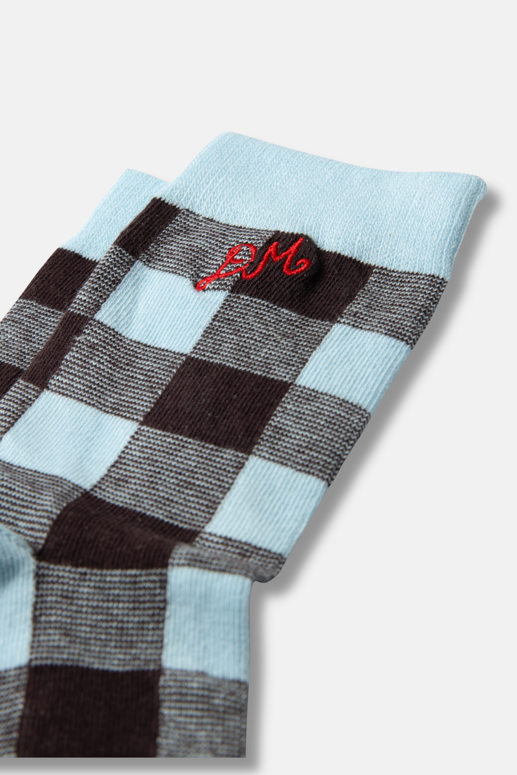 DAMSON MADDER CALF LENGTH GINGHAM SOCKS | BLUE & CHOCOLATE