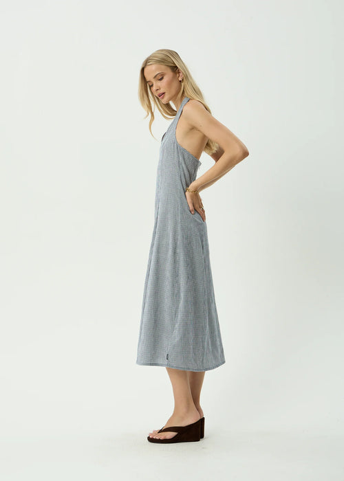 Afends Maya Midi Dress Navy Check