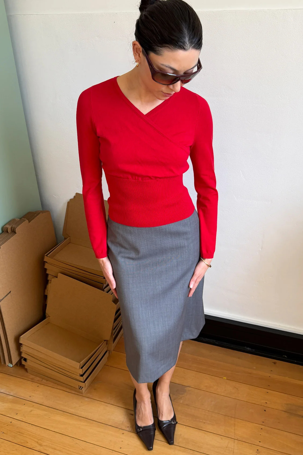 Olga Joan Mock Wrap Knit Top Rossa