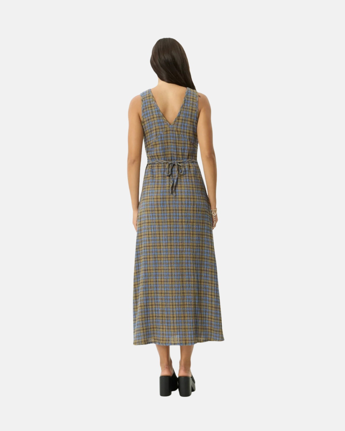 Afends Tully Seersucker Maxi Dress Cedar Blue Check