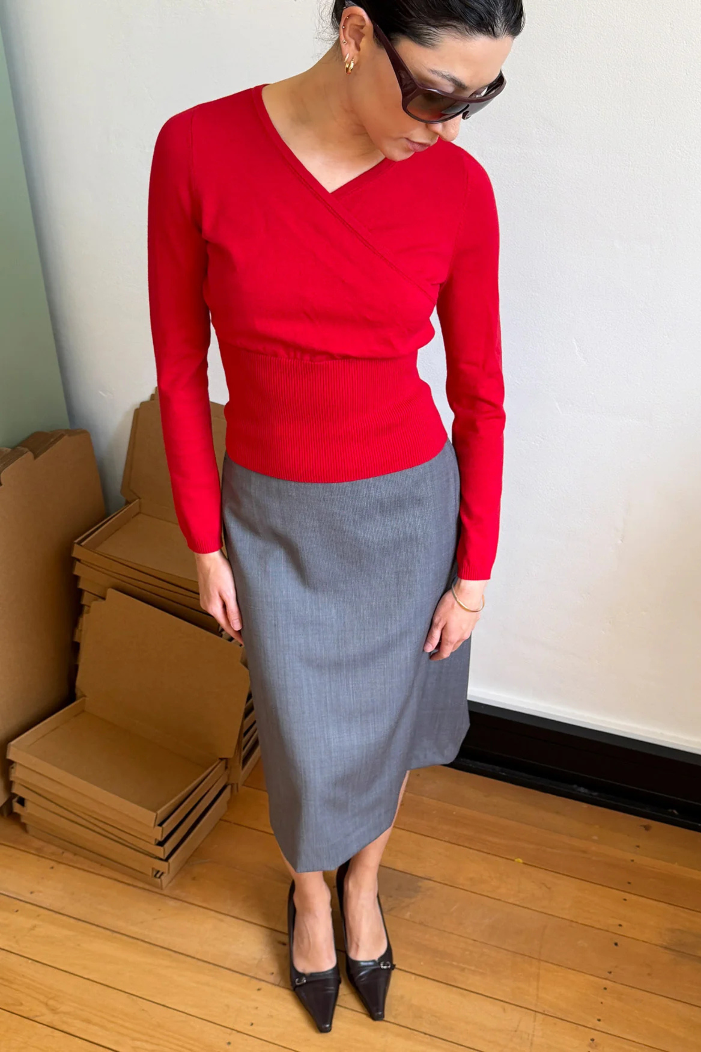 Olga Joan Mock Wrap Knit Top Rossa