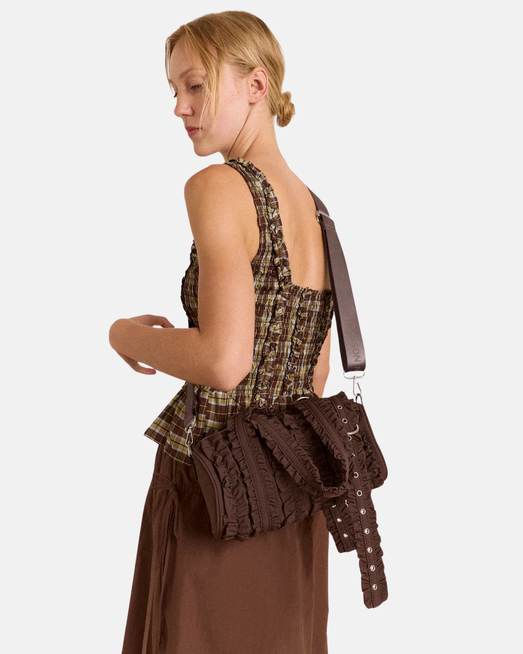 Damson Madder Waverly Mini Ruffle Barrel Bag Choc