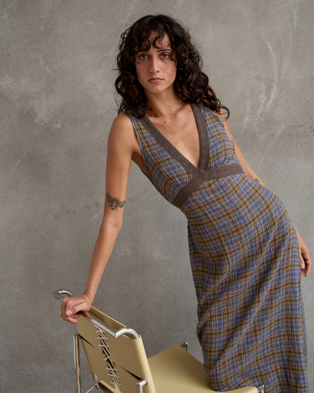 Afends Tully Seersucker Maxi Dress Cedar Blue Check