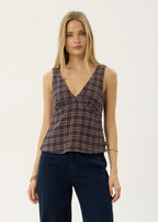Afends Giselle Seersucker Top Shev Indigo Check