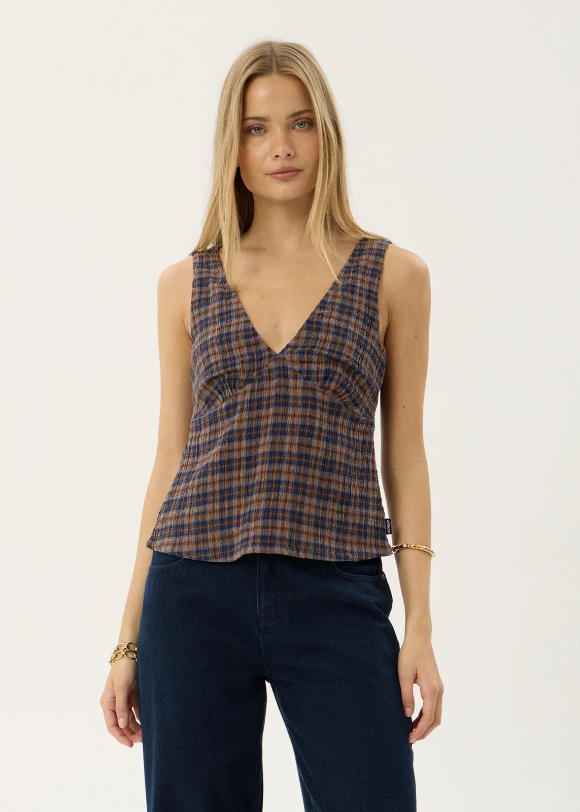 Afends Giselle Seersucker Top Shev Indigo Check