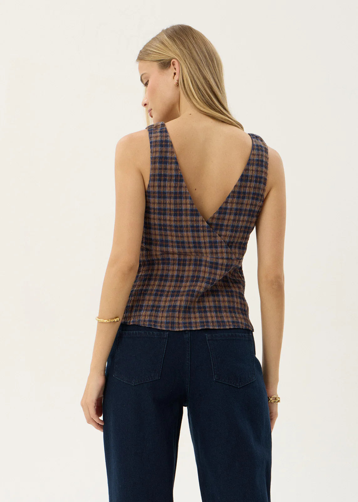 Afends Giselle Seersucker Top Shev Indigo Check