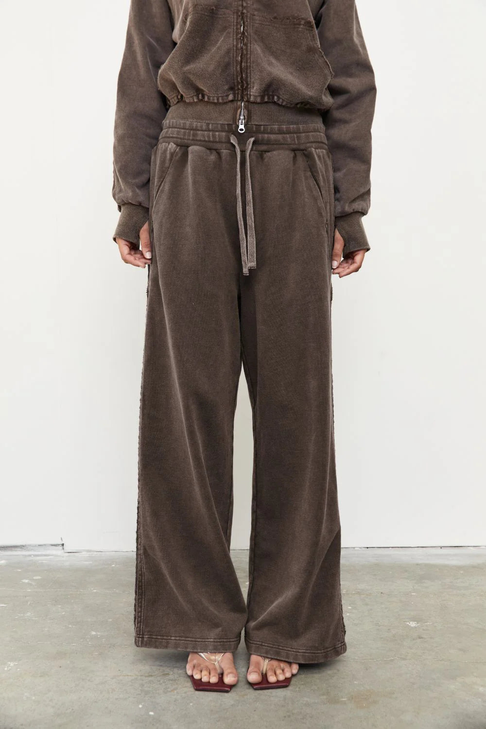 WIDE LEG ACID WASH TRACKSUIT PANT - SOIL