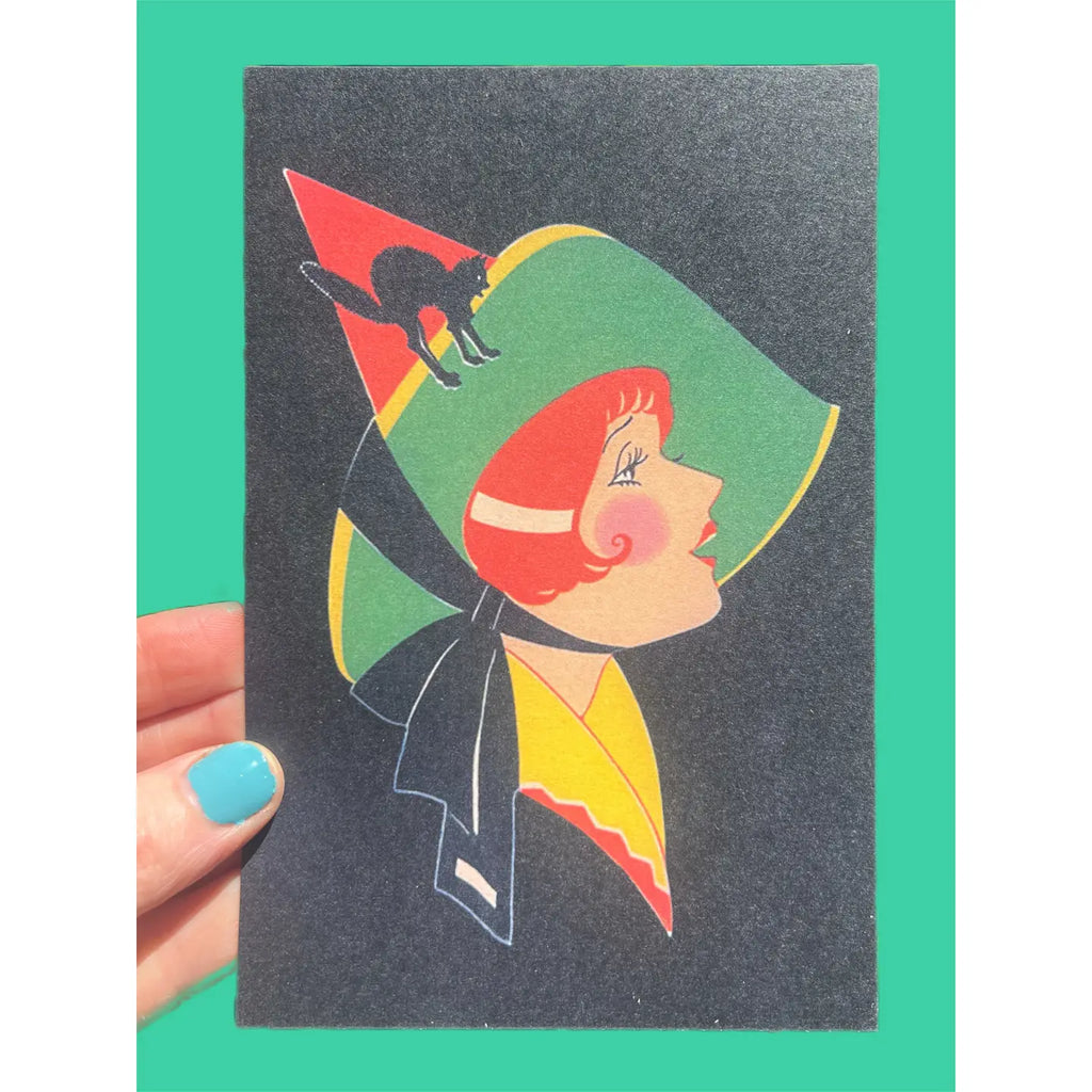 Astral Weekend Postcard Halloween Black Cat On A Hat