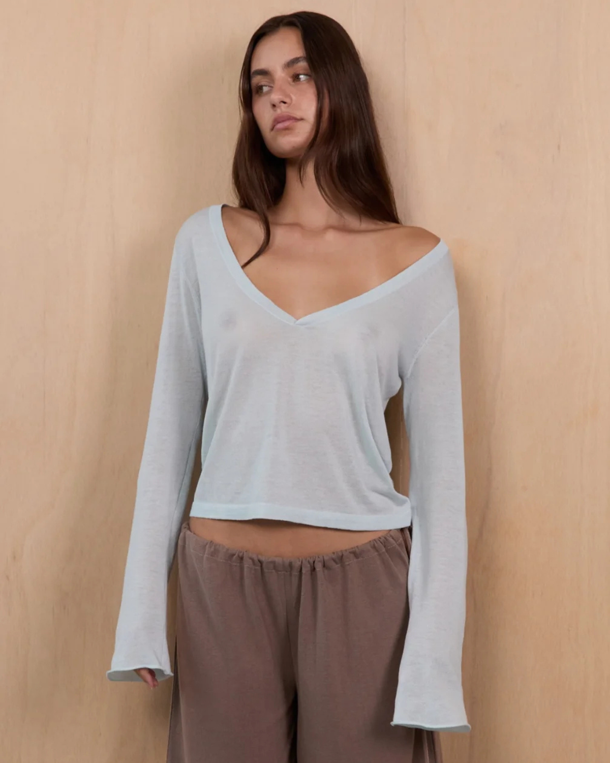 Pinky Kamal Knit LS V Neck Jersey Icy Blue