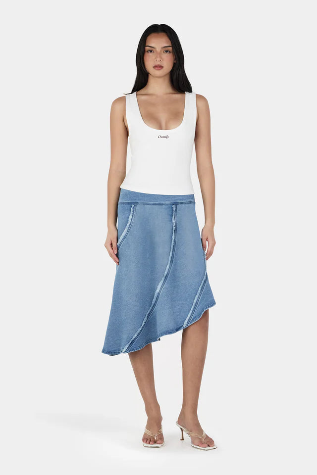 JASMINE FRAYED MIDI SKIRT | BLUE DENIM