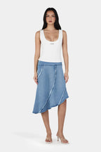 JASMINE FRAYED MIDI SKIRT | BLUE DENIM