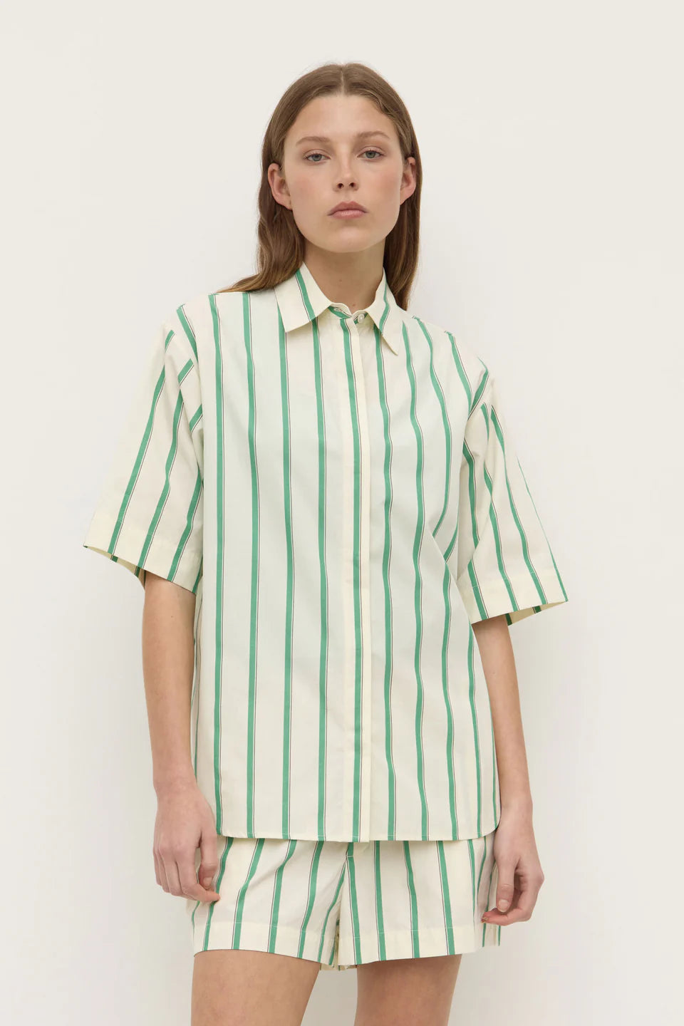 AGNES STRIPE SHORT SLEEVE SHIRT | BUTTER/BRIGHT GREEN