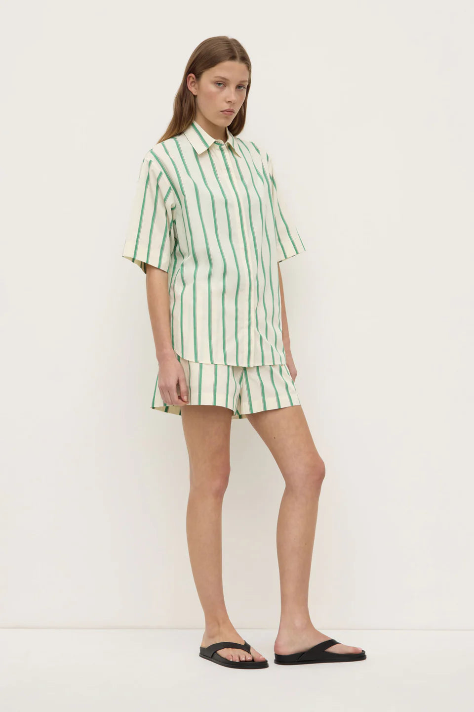 AGNES STRIPE SHORT SLEEVE SHIRT | BUTTER/BRIGHT GREEN