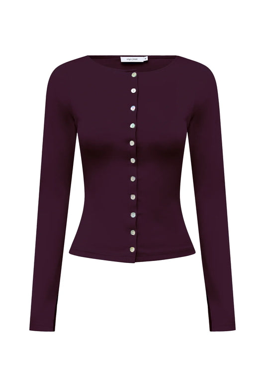 Olga Joan Button-Through Long Sleeve Top Aubergine