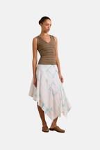 Damson Madder Corinne Hanky Hem Midi Skirt White Blue Embroidery