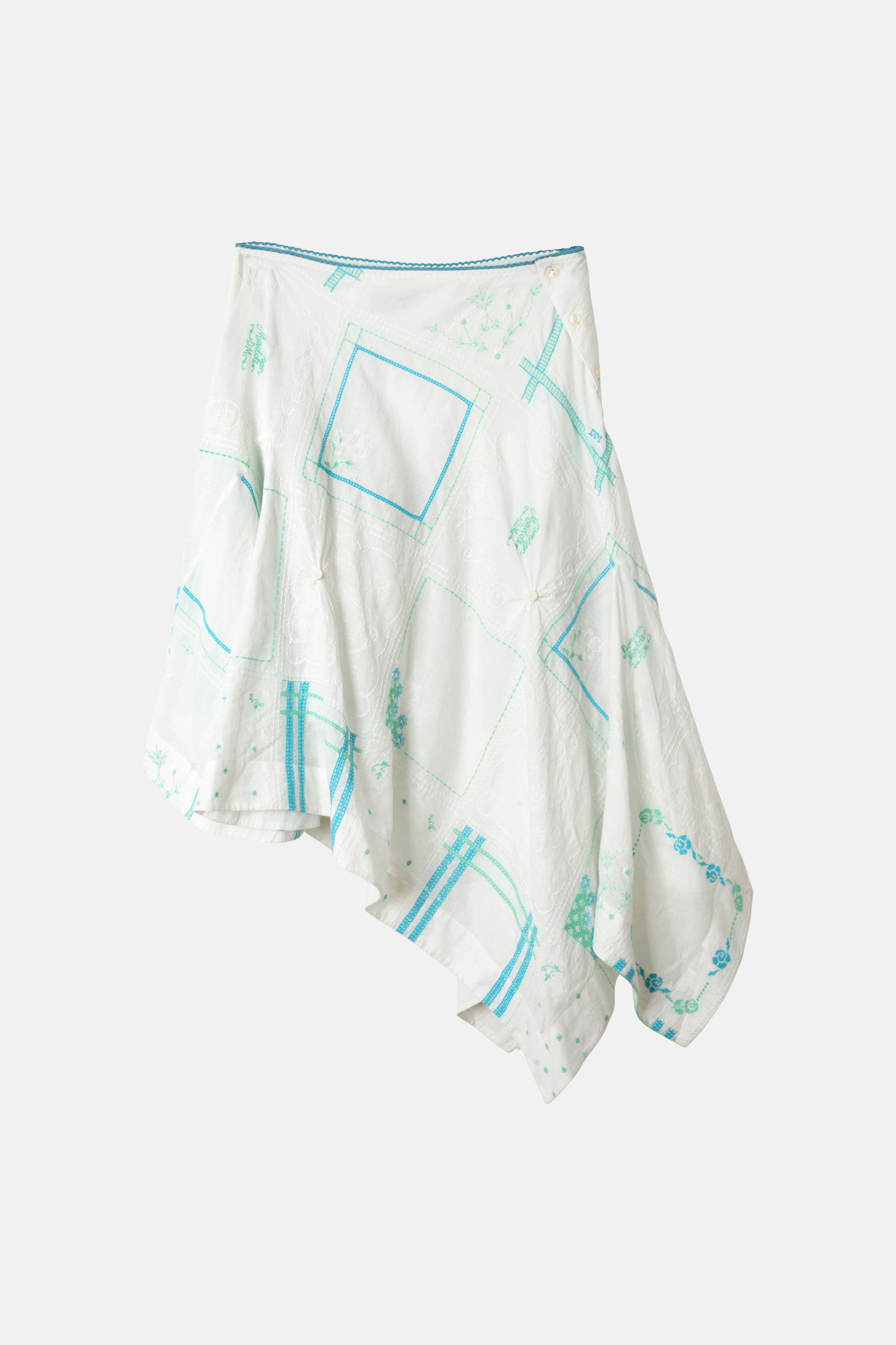 DAMSON MADDER CORINNE HANKY HEM MIDI SKIRT | WHITE BLUE EMBROIDERY