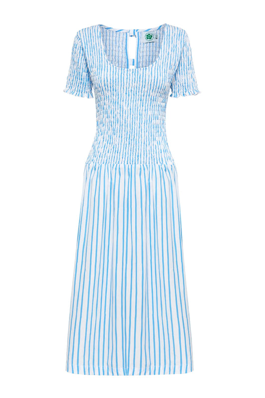 SEA STRIPE SHIRRED MIDI DRESS | BLUE/ WHITE