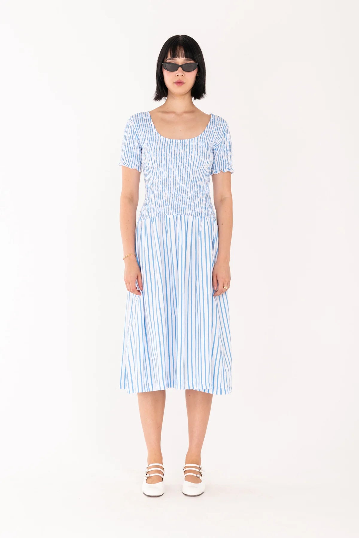 SEA STRIPE SHIRRED MIDI DRESS | BLUE/ WHITE