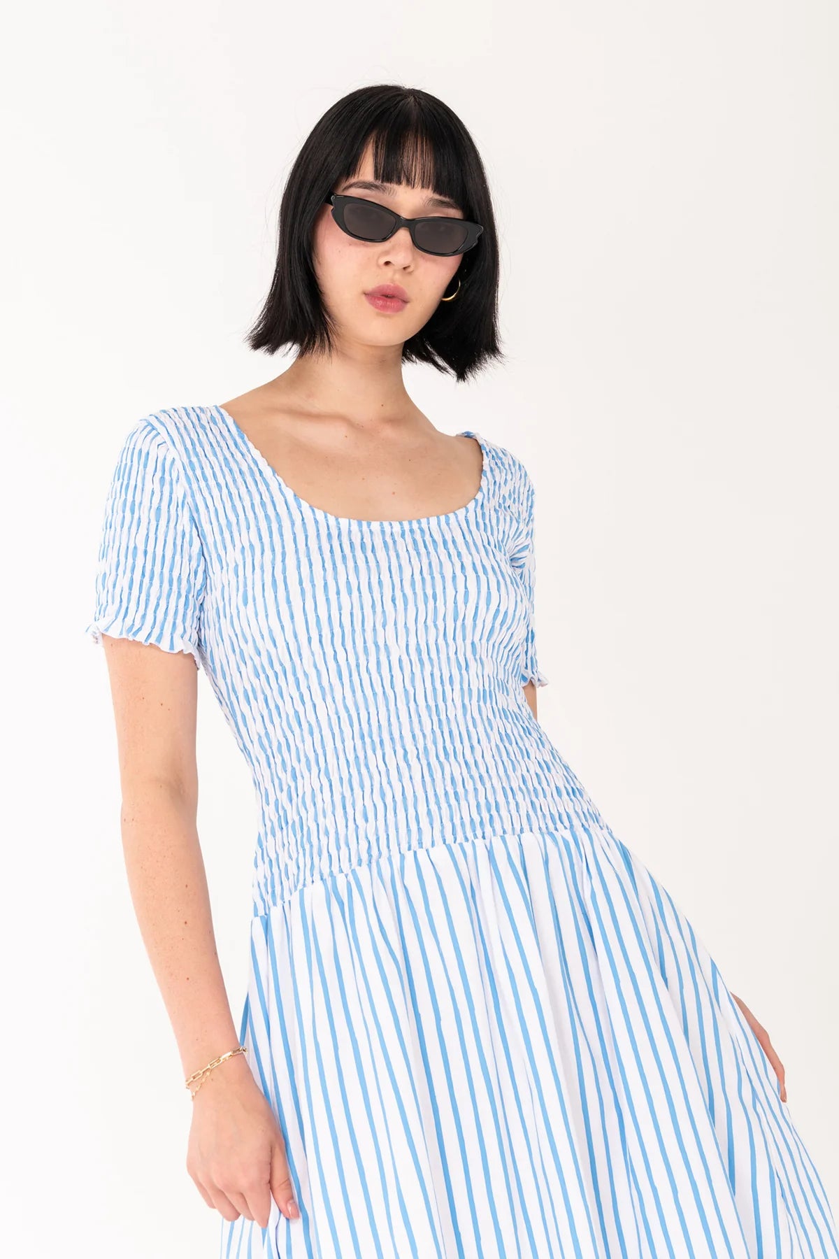 SEA STRIPE SHIRRED MIDI DRESS | BLUE/ WHITE