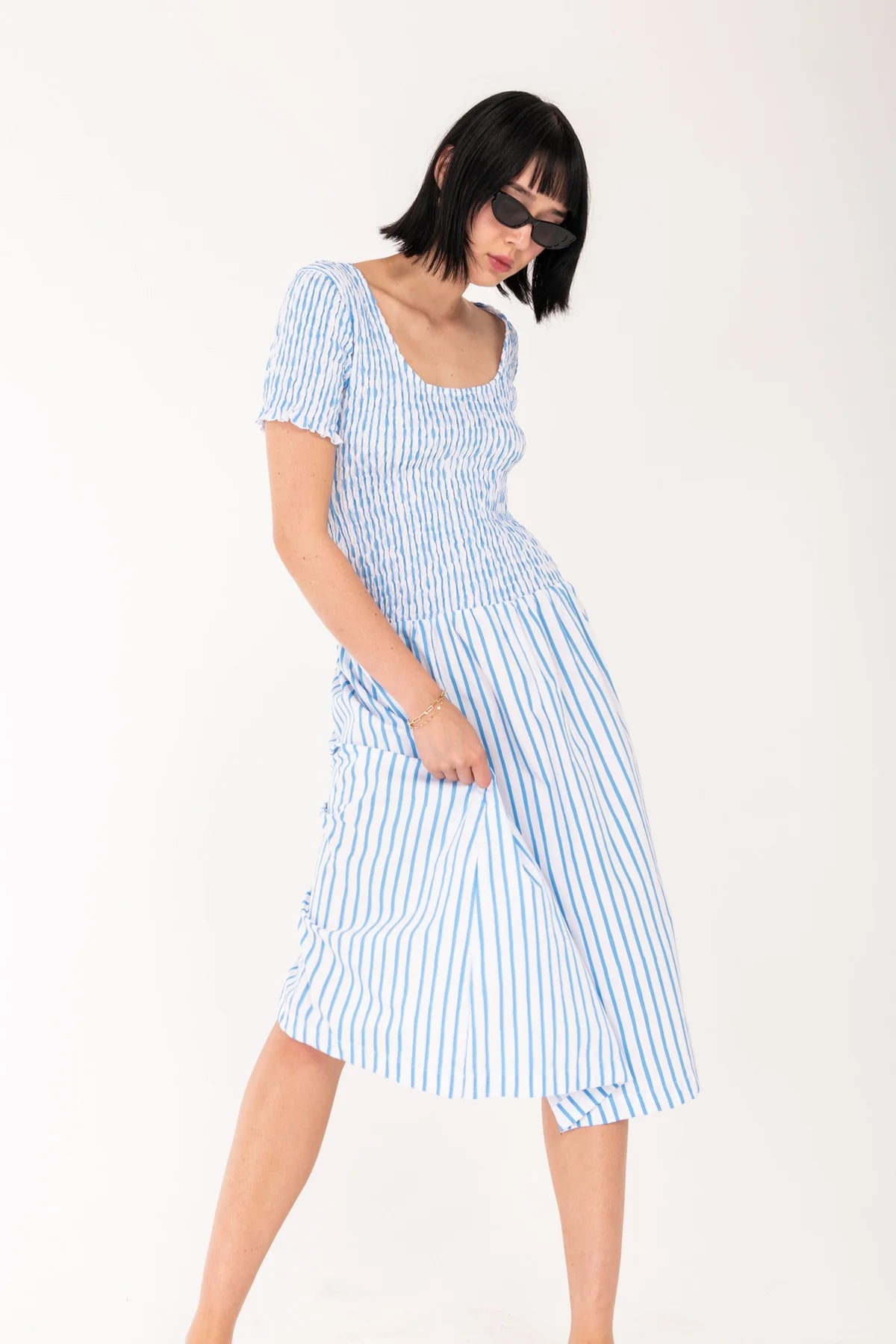 SEA STRIPE SHIRRED MIDI DRESS | BLUE/ WHITE