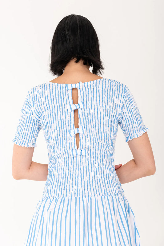 SEA STRIPE SHIRRED MIDI DRESS | BLUE/ WHITE