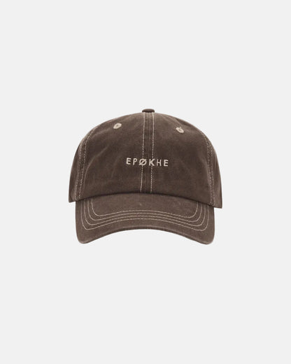 Brown cap with 'EPOKHE' logo on a white background